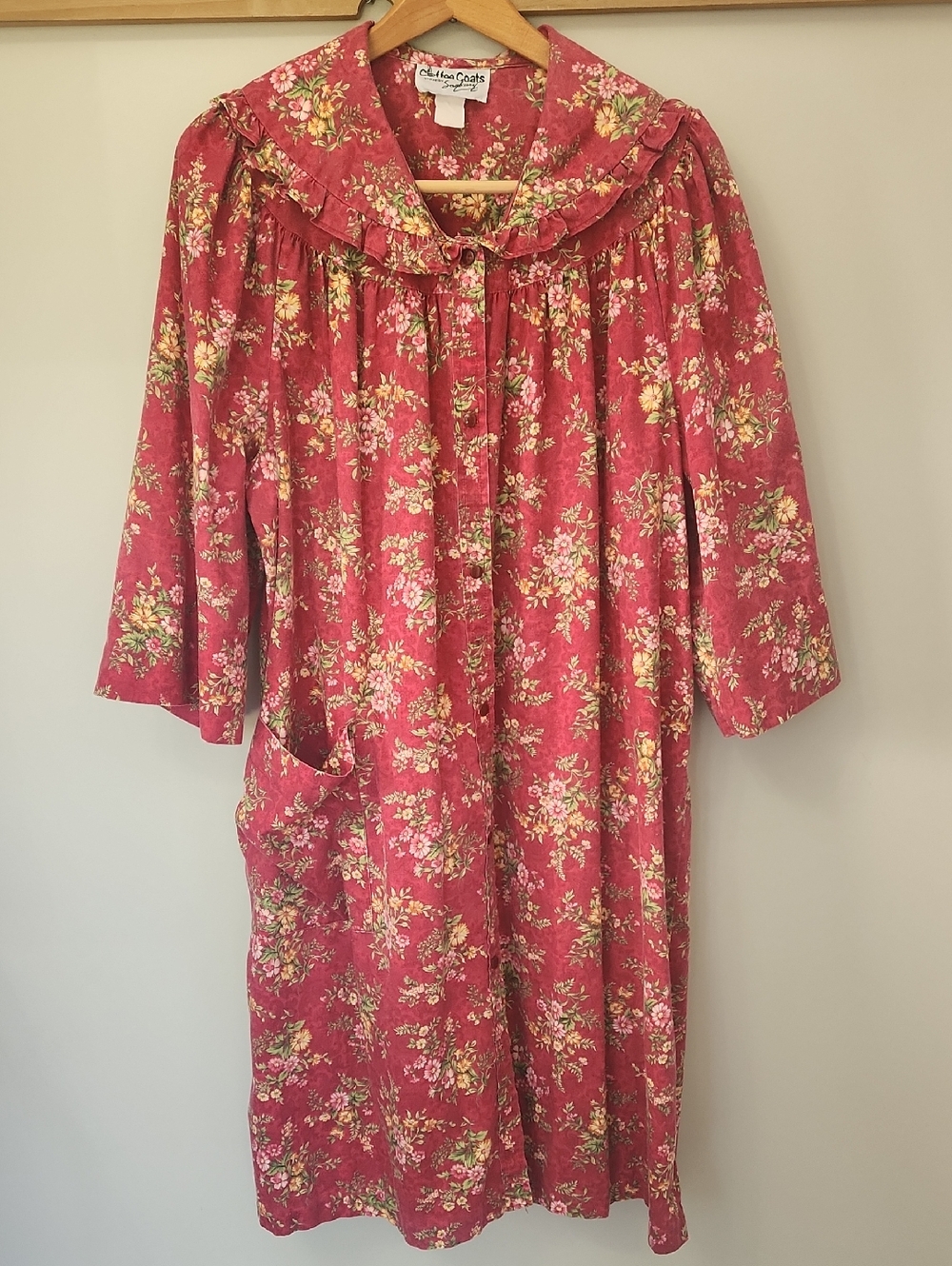 Vintage Coffee Coat Womens XL Floral Cotton House Dress Nightgown Granny Cottage